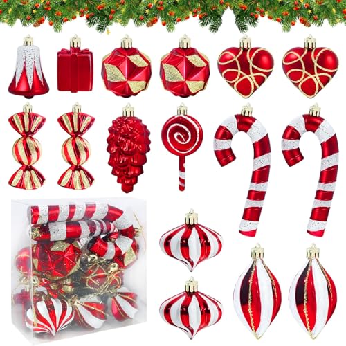 Bolas de Navidad de Plástico - Adornos Navideños Rojos, 16 Piezas con Campanas y Casitas para Árbol de Navidad, Corona, Chimenea - Decoración para Interior y Exterior, Resistente y Duradero