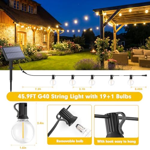 Solar-String-Lights-Outdoor-Garden - G40 45.9ft String Lights Outdoor Festoon - Remote Control 14M Garden Light Outside Solar Powered Waterproof Led - Patio Party Gazebo Weding - Image 5