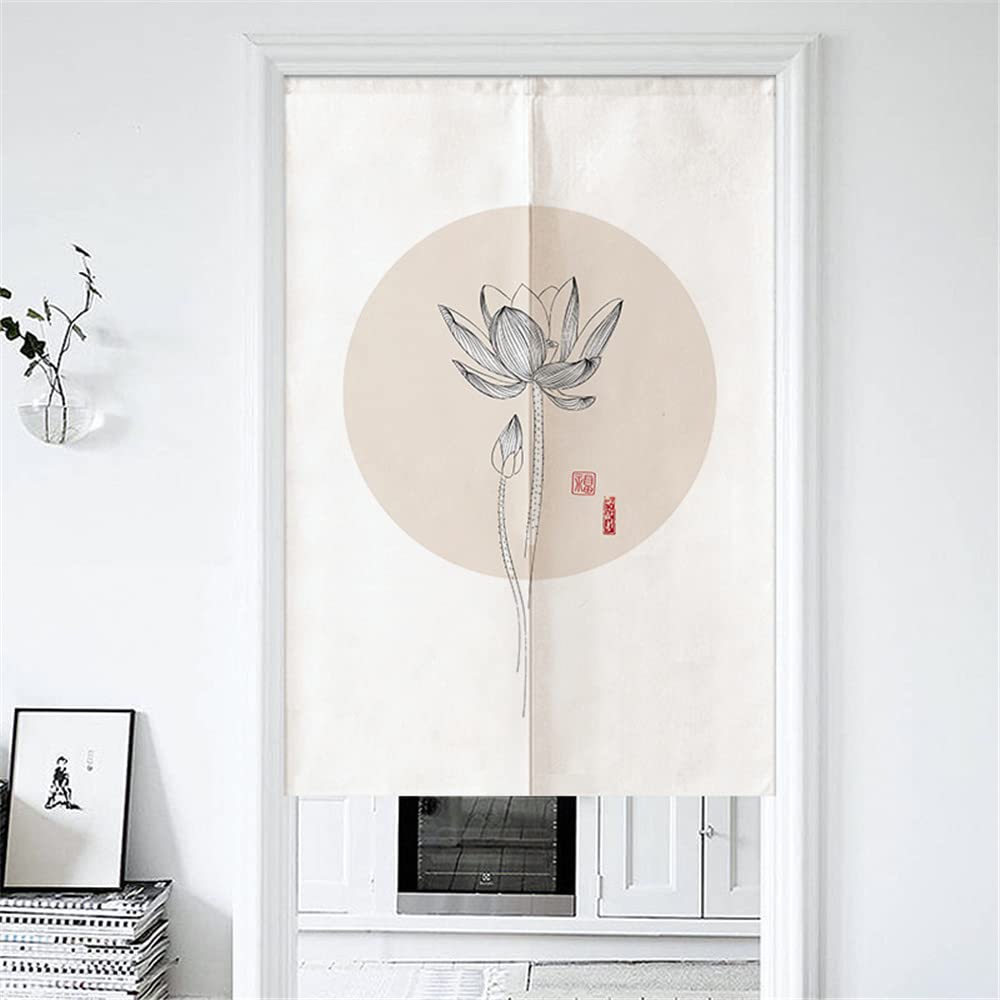 Hiseng Chinese Tradition Flower and Bird Painting Doorway Curtain, Japanese Noren for Home Decoration, Cafe Bedroom Kitchen Restaurants Partition Half-door Curtain (Lotus Flower,70x120cm)