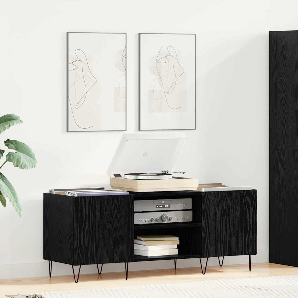 Armario para discos de vinilo negro efecto roble 121 x 38 x 48 cm con espacio de almacenamiento para sala de estar, medios, TV, alta fidelidad, CD, DVD, gestión de cables, estantería