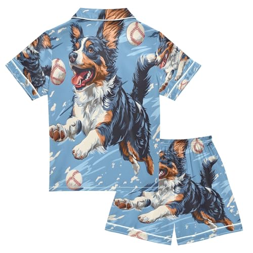 ALAZA Baseball Dog Blue Satin Pajamas Set Short Sleeve Button Down Sleepwear Summer Pjs 2 Piece2