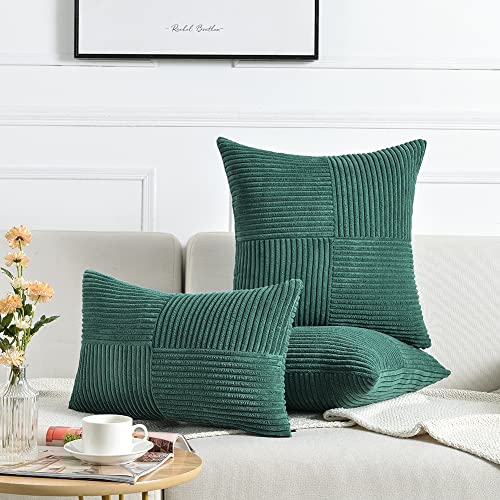 Image of Fancy Homi 2 Packs Teal Samll Decorative Throw Pillow Covers 12x12 Inch with for Couch Bed Sofa, Rustic Farmhouse Boho Home Decor, Soft Corss Patchwork Corduroy Square Cushion Case 30x30 cm