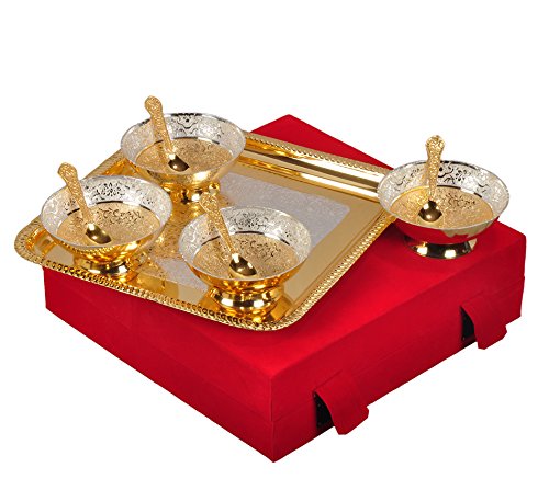 HHIBrass Solid Bowl - 4 Bowl, 4 Spoon and 1 Tray, Golden