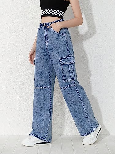 WDIRARA Girl's High Waisted Button Wide Leg Cargo Jeans Denim Pants with Pockets3