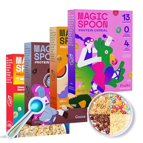Image of Magic Spoon Cereal - High Protein Cereals - Sugar Free Snacks & Breakfast Food - Grain & Gluten Free Cereal - Low Carb & Keto Friendly - 4 Pack Variety: Fruity, Cocoa, Classic Marshmallow, Peanut Butter