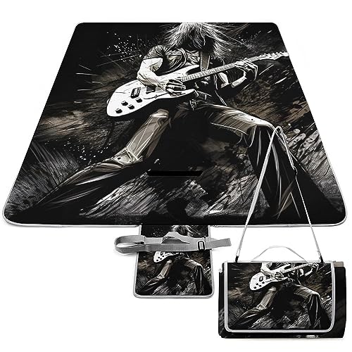 Rock-Guitarist Print Picnic Blanket Waterproof Foldable, Large Outdoor Picnic Blanket Beach Blankets Camping Blanket Travel Mat, Shoulder Strap Tote, Rectangle 58x58in