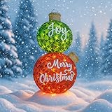 Cinnvoice 35" Giant Outdoor Christmas Ball Ornaments - Lighted Pop-up Stacked Holiday Ornaments with Built-in LED Warm Lights, Oversized Glittered Decorations for Winter Xmas Yard Garden (Red & Green)