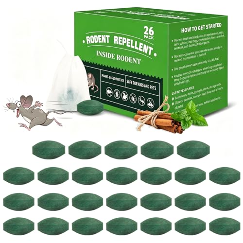 26 Pack Mouse Repellent Tablets - Powerful Peppermint Oil Rodent Repellent for Indoor & Outdoor Use, Cars, Home - Also Repels Rats, Squirrels, Ants, Roaches, Spiders - Safe for Family & Pets