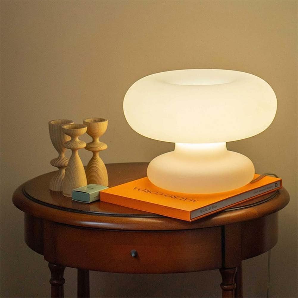 AoLa LED Donut Tischlampe Pilz Tischleuchte mit Kabel und Schalter Weiß Glas Lampenschirm Rund Deko Nachttischlampe Moderne Design Nachtlicht für Wohnzimmer Schlafzimmer Kinderzimmer WarmWeiß