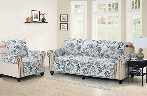 Brilliant Sunshine Beautiful Burgundy Flowers Couch Cover, Quilted Large Sofa Slipcover, 70" Seat Width, Reversible Furniture Protector, 2" Strap, Washable Cover For Pets, Kids, Dogs, Cats, Green #TOP1