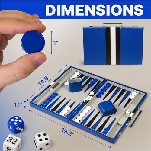 Image of Large Blue Backgammon Sets for Adults - Classic Board Games for 2 Players Adults and Kids - Premium Backgammon Set 15 Inch Board and 32 Backgammon Pieces in Quality PU Leather Case