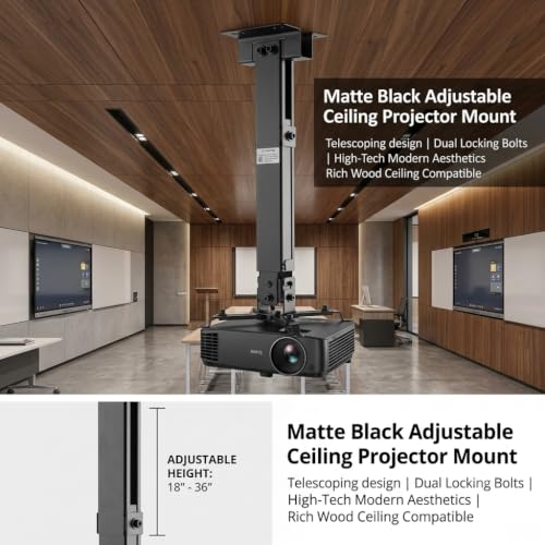 Image of ARGO Heavy-Duty Adjustable Ceiling Projector Mount - Universal Extendable Telescoping Pole with 360 Swivel & Tilt - High-Weight Capacity Steel Frame for Home Theater, Office & Classroom (Matte Black)