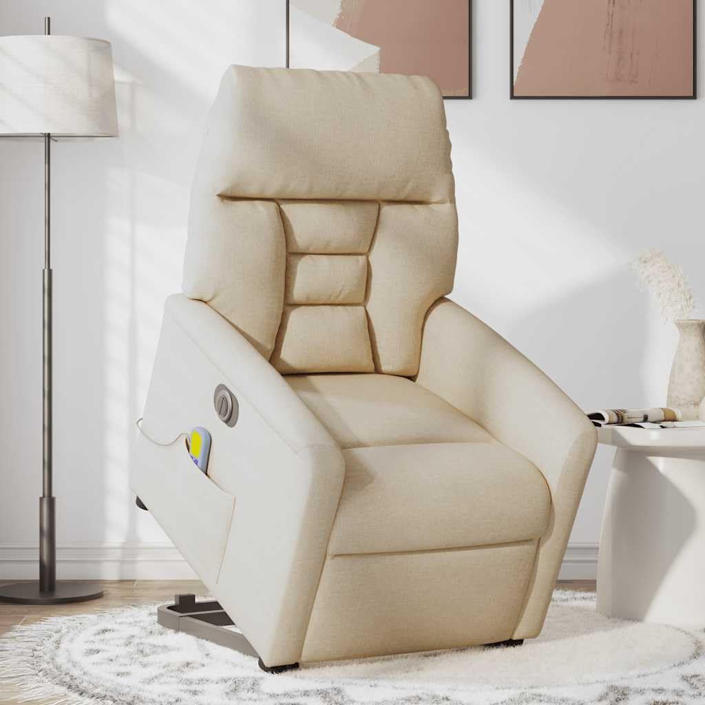 Elektrischer Massagesessel mit Aufstehhilfe cremefarben, Stoffbezug, verstellbare Rückenlehne und Fußstütze, 6-Punkt-Vibrationsmassage, Stabiler Holz- und Metallrahmen