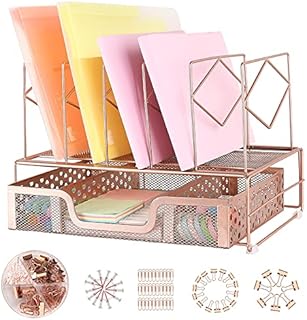 Spacrea Rose Gold Desk Organizers - File Organizer Desk Accessories with 5 Vertical File Folder Holders & Sliding Drawer, Office Supplies for Workspace College Dorm Home(Binder Clips Included)