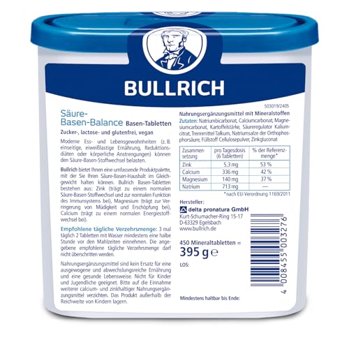 Bullrich Säure-Basen-Balance Basentabletten 450 Stück | Mit Zink für einen ausgeglichenen Säure-Basen-Haushalt | Vegan