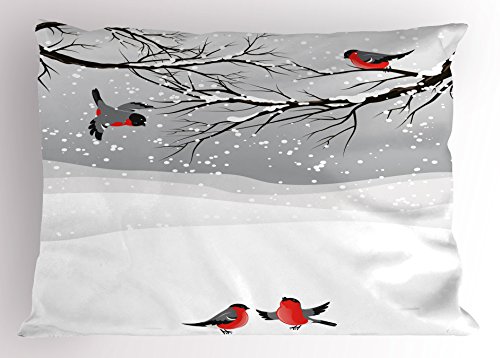 Ambesonne Winter Pillow Sham, Winter Season Snow Colorful Happy Birds Cartoon Animals Tranquil Pattern, Decorative Standard Queen Size Printed Pillowcase, 30