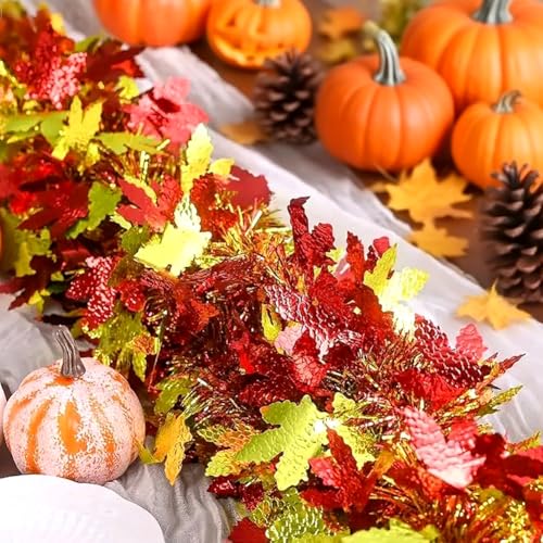 Image of 33Ft Thanksgiving Fall Tinsel Garland Shiny Hanging Coarse-Textured Red and Gold Maple Leaf Metallic Twist Garland Autumn Decor for Fall Party Door Tree Garlands Decorations - (Red & Gold)