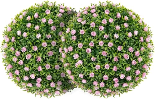 Exquisite Flower World 2PCS 14.5 Inch Artificial Topiary Balls, Round Pink Artificial Plant Balls for Front Door, Porch, Backyard, Home Décor Table Decoration, Home Environment, Party Setting