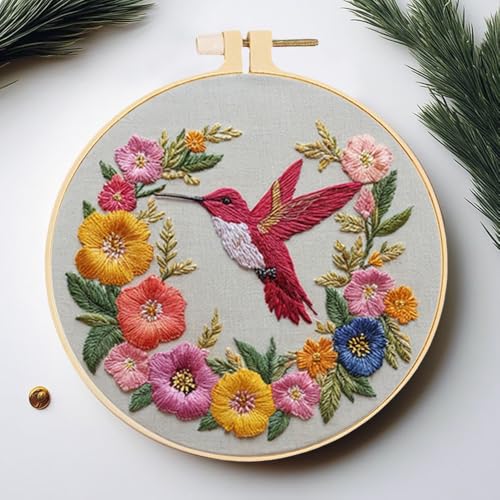 Image of Huacan Embroidery Kit for Beginners Adults Includes Stamped Flower Pattern, Hoop, Color Threads,Tools,Easy to Follow Instruction
