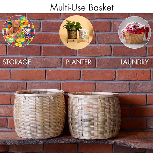 Image of Bamboo Basket - Versatile Indoor & Outdoor Use for Balcony, Terrace, Garden, Bedroom, Living Room, Flower Pot Storage for Toys, Clothes, Magazine (Medium)