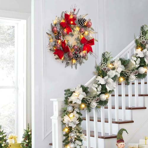 Christmas Wreath with Lights, 24 Inches Wreath for Front Door, 30LED Artificial Snowy Wreath with Pine Cone Ball Bow Berry, Winter Holiday Decoration Indoor Outdoor