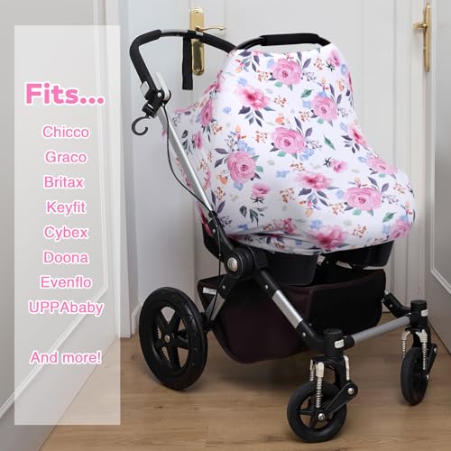 Image of Rquite All-in-1 Car Seat Cover Baby, Carseat Covers for Girl Boy, Stretchy Soft Infant Car Seat Cover, Multi-use Baby Carrier Cover, Car Seat Canopy, Stroller Sun Shade, Nursing Breastfeeding Cover
