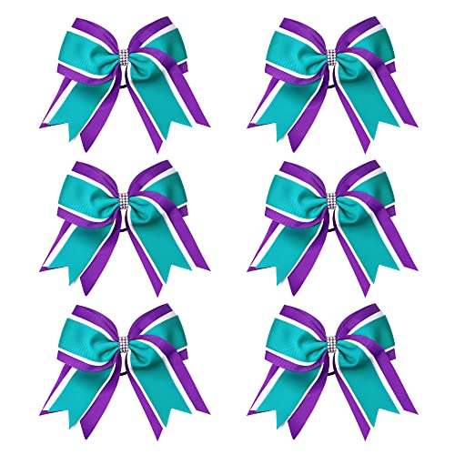 ICObuty 8 Inch 3 Colors 3 Layers Cheerleader Bows, Jumbo Cheerleading Bows Hair Elastic Hair Tie for High School College - Purple/White/Teal (6 Count)