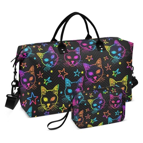 Neon Cat Kitten Star Black Large Travel Duffle Bag Weekender Overnight Bags Gym Yoga Bag for Women Men with Toiletry Bag