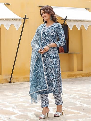 Image of GoSriKi Women's Cotton Blend Straight Printed Kurta with Pant & Dupatta