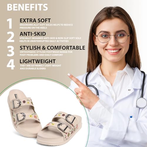 Image of Women Floral Double Strap Buckle Slides | Embroidered Casual Slip-On Sandals for Girls | Lightweight Anti-Slip Comfortable Everyday Wear Flats