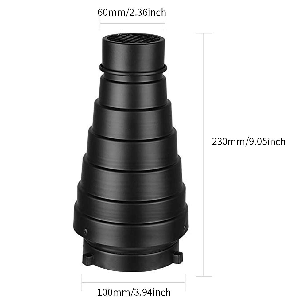 Soonpho Stożkowy zestaw Snoot ze stopu aluminium do Bowens-Mount-Strobe-Flash-Speedlite, w zestawie kratka o strukturze plastra miodu i 5 kolorowych filtrów