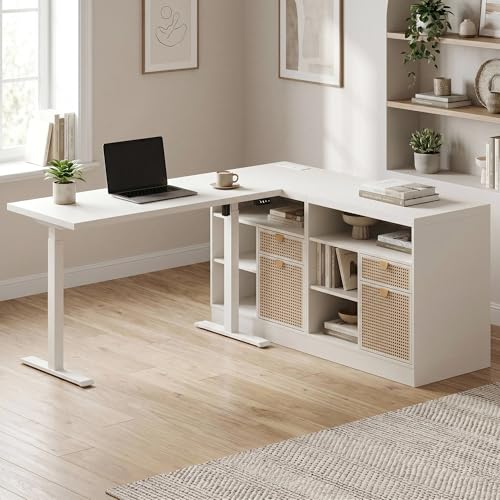 Image of ModernMate 67 inch L Shaped Electric Standing Desk with 4 Drawers, Corner Executive Workstation with 2 File Cabinets, Height Adjustable with AC /USB for Home Office, 1.18 inch One-Piece Desktop, White Rattan