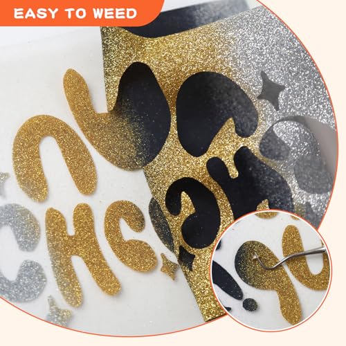 Image of guangyintong Rainbow Glitter Heat Transfer Vinyl Rolls - 12 inch x 8ft Silver-Black-Gold Gradient Glitter HTV Vinyl for Shirts, Iron On Vinyl for All Cutter Machine - Easy to Cut & Weed for Vinyl Design