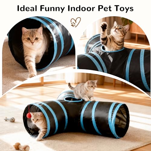 Image of Tempcore Cat Tunnel for Indoor Cats, 3 Way Collapsible Pet Play Tunnel with Teaser Wand, Peek Holes & Hanging Ball, Interactive Tube for Kittens & Rabbits, Black & Blue Medium