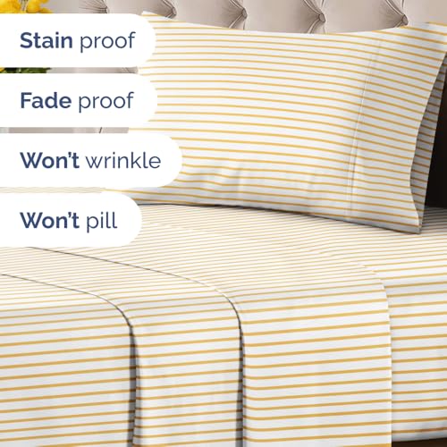 Image of Twin XL 3 Piece Striped Sheet Set - Soft & Cooling - Yellow Pencil Stripes | 1 Flat, 1 Fitted & 1 Pillowcase w / Deep Pockets, Luxury Striped Bedding, Soft, Breathable & Cooling, Wrinkle & Fade Free
