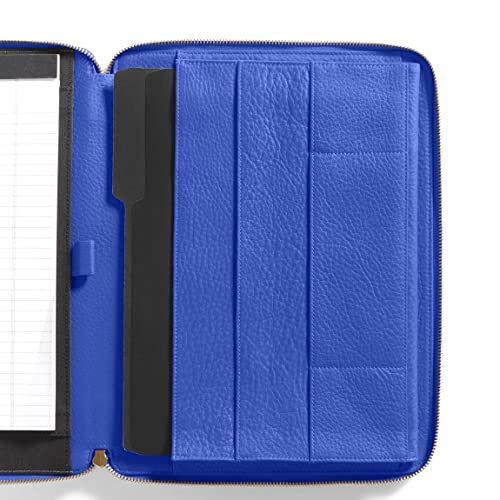 Leatherology Electric Blue Left-Handed Compatible Full Grain Leather Executive Zippered Portfolio | Professional Business Padfolio Folder | Includes Letter Sized Notepad #TOP6