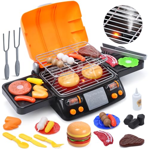 CUTE STONE Barbecue Jouet pour Enfants, Barbecue à Deux Niveaux avec Aliments de Jeu, Lumière et Son, Accessoires de Cuisine, Jouet de Camping en Plein Air, Cadeau...