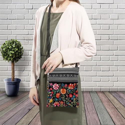 Colorful Flower Messenger Bag Small Ethnic Pattern Printed Adjustable Strap Crossbody Zipper Bag Colorful Flower Phone Bag Wallet Cute Shoulder Handbag for Women Friends -23