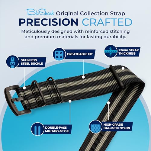 Image of BluShark - Original Collection Military-Style Waterproof Watch Strap, Fits All Timepiece Brands, Durable Nylon Wristwatch Accessories with Stainless Steel Buckle - 18mm, 20mm, 22mm & 24mm Watch Bands
