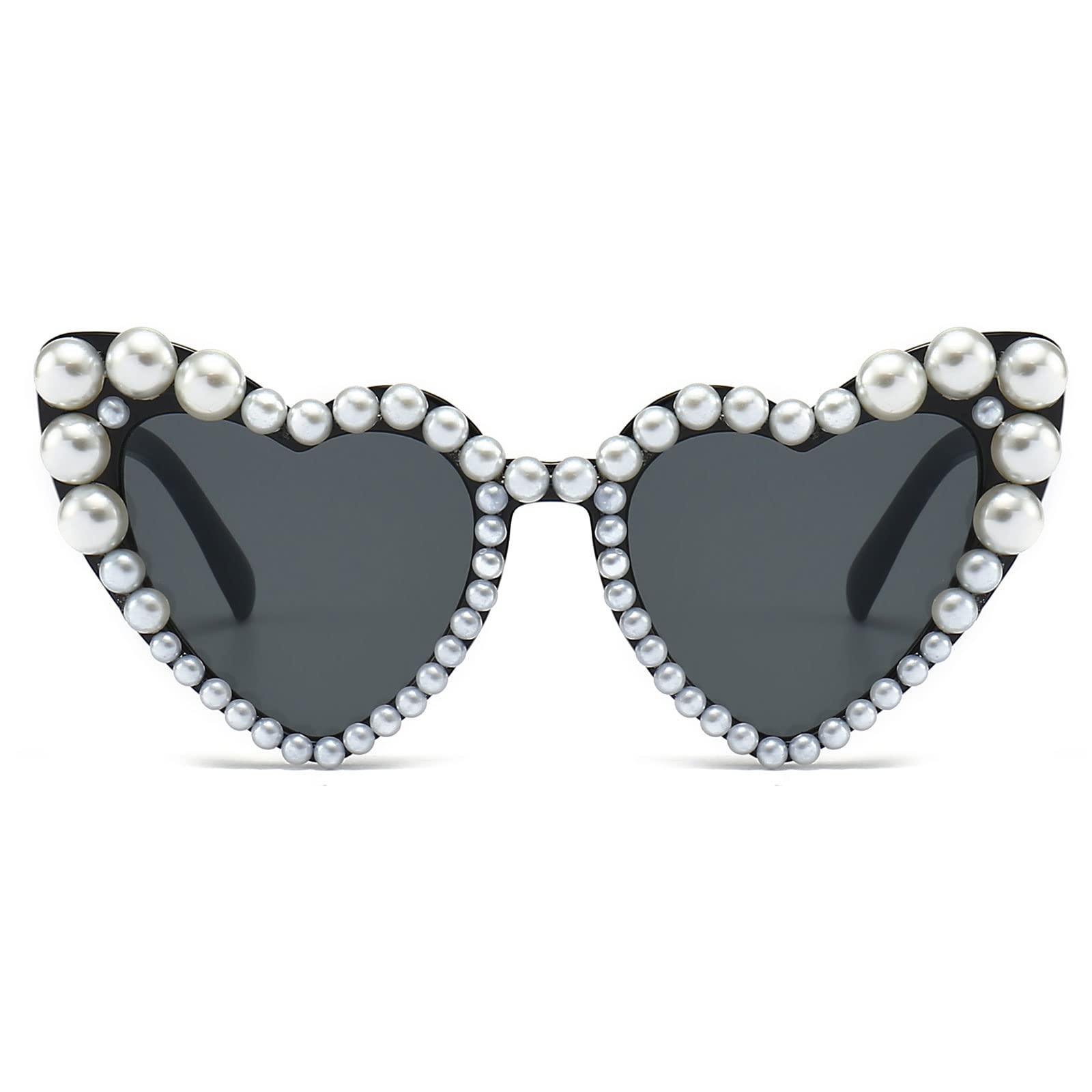 LJCZKA Luxury Love Pearl Sunglasses Women Heart Shaped Cat Eye Sun Glasses Party Festival Shimmering Bling Eyewear