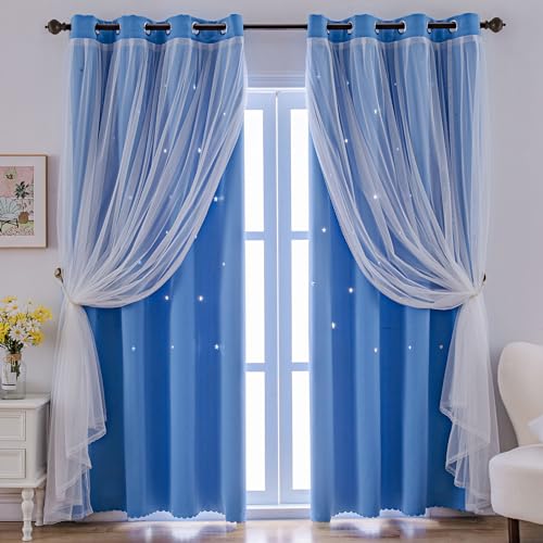 Image of indistar Star Cutout Kids Window Blackout Curtains for Girl Bedroom Window Room Darkening Curtains & Drapes Baby Nursery Curtains (2 Panel,52Wx63L inch,Blue)
