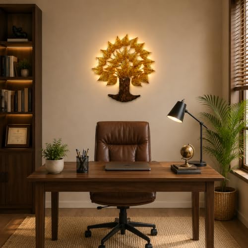 Image of Bharat Art Metal Tree Wall Art with LED Light for Living Room | Handcrafted Iron Tree Wall Hanging Home Decoration for Bedroom, Hall, Office & Entrance | Larch Tree | 24 * 2 * 24 inch | WD080