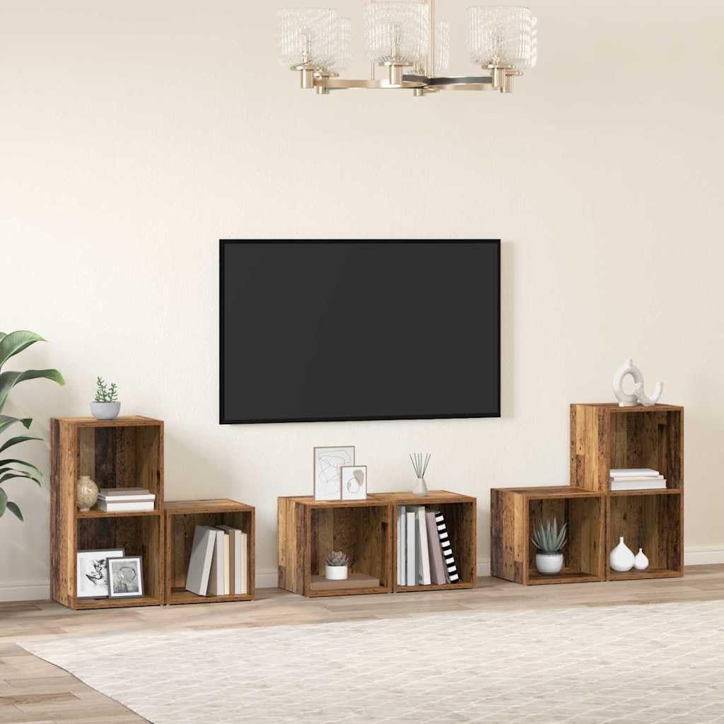 TV-Schrankset Wandmontiert, 6-teilig, Altholz Holzwerkstoff, Modernes Media Center für Wohnzimmer, Schlafzimmer