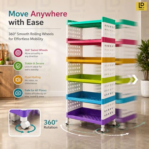 Image of LEOPAX 6 Layers Plastic Rolling Storage Rack | Multipurpose Stackable Storage Rack with Wheels for Kitchen Laundry Room Bathroom Office Home - Multicolor (50 x 30 x 117cm)