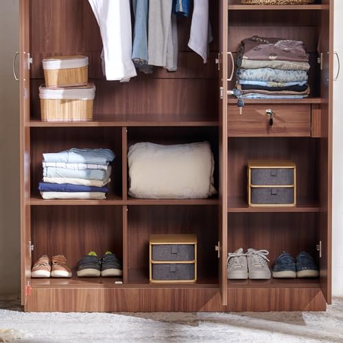 Image of Home Centre | Helios Alton 3-Door Wardrobe with Mirror | Full Length Mirror for Home | Engineered Wood | Walnut | 1 Year Warranty