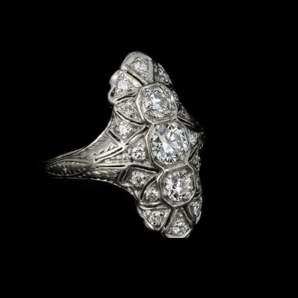 SilverDia 1 Ct Three Old European Cz Diamond Vintage Edwardian Victorian Art Deco Mid-Century Ring For Women 14K White Gold Plated Milgrain Filigree 925 Sterling Silver Ring Handmade Promise Mom Gift