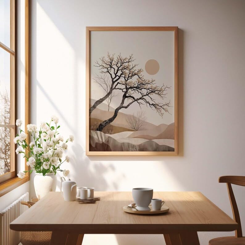 Affiche murale vintage arbre Japandi beige 30x40cm pour salon