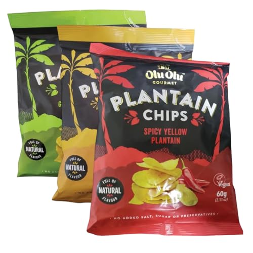 Olu Olu Plantain Chips Mixed Box Pack of 24 (8 Green 8 Red 8 Yellow Plantain chips)