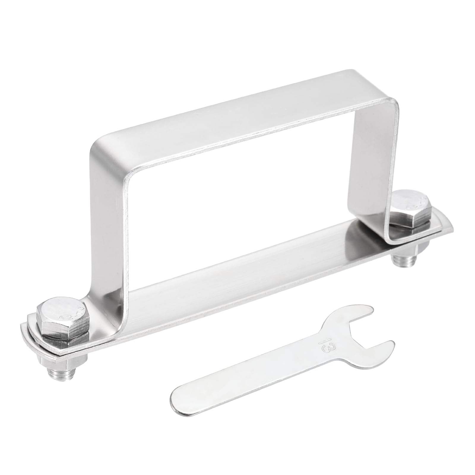 sourcing map U Shape Square Tube Clamp, 80x50mm U Shaped Bracket 304 Stainless Steel Square Strap Clamp with Bolt Plate Nuts and Wrench for Pipes Door Closed Bar Holder Railings