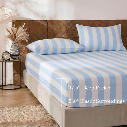 Image of Merryword Blue and White Striped Sheet Set Queen Size - 100% Cotton Striped Bedding 4 Pieces, Soft Breathable Percale Weave, 17.5 inch Deep Pocket, Luxury Linen Like, All Season Comfort